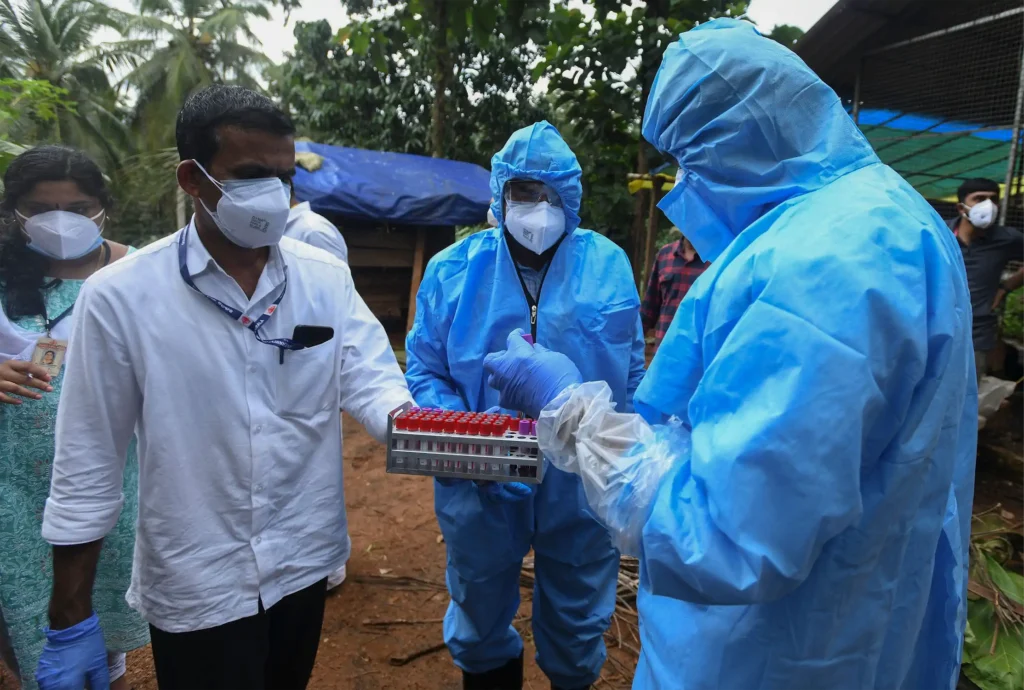 Health workers collecting samples during a September 2021 outbreak of Nipah in India