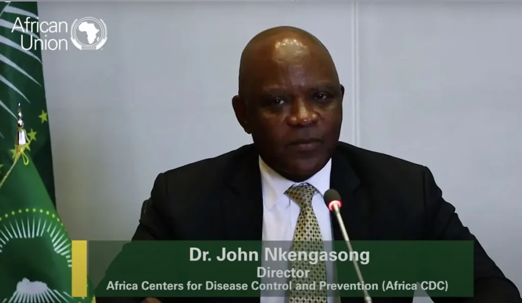 Dr. John Nkengasong, Director of Africa CDC, speaks at a COVID-19 press briefing.