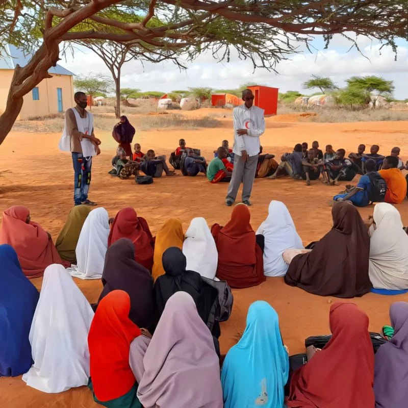 Two IFRC staff talking to people from a village sitting around them in a circle under the shade of a tree.