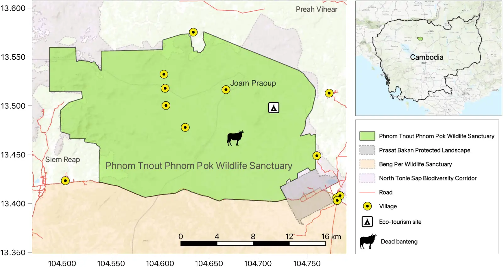 Map of the Phnom Pok Wildlife Sanctuary area, showing where the index case was found south west of the centre